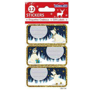 12 étiquettes adhésives de Noël - Cerf Paillettes dorées