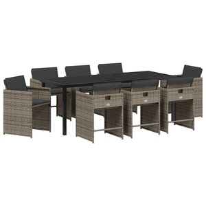 vidaXL Set de dining de jardin 9 pièces avec coussins gris poly rattan