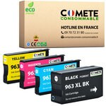 COMETE, Marque française - 963XL - 4 Cartouches d'encre Compatible avec HP 963 XL - pour Cartouche 963 HP Officejet Pro - 1 Noir + 1 Cyan + 1 Magenta + 1 Jaune