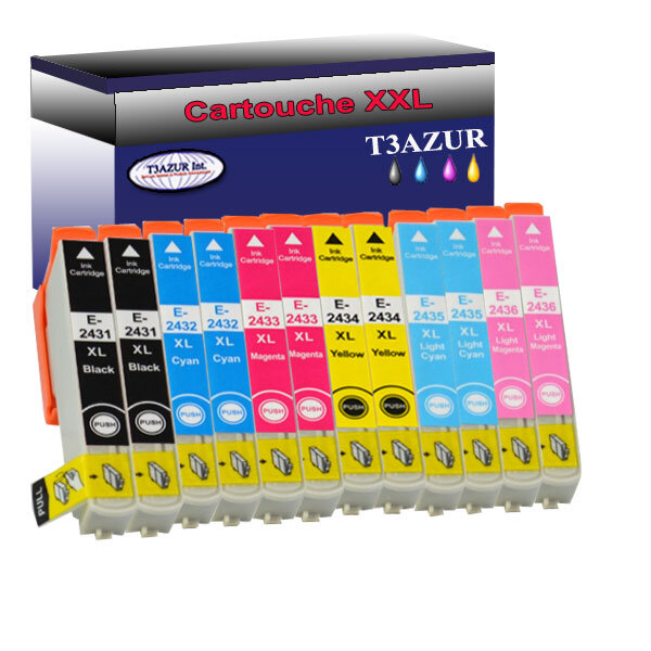 12 Cartouches Compatibles pour Epson XP55, XP750, XP760, XP850, XP860, XP950, XP960  remplace Epson T2431 T2432 T2433 T2434 T2435 T2436 - T3AZUR