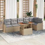 vidaXL Set de Canapé de Jardin 7 Pièces avec Coussins Beige Poly Rattan Acacia