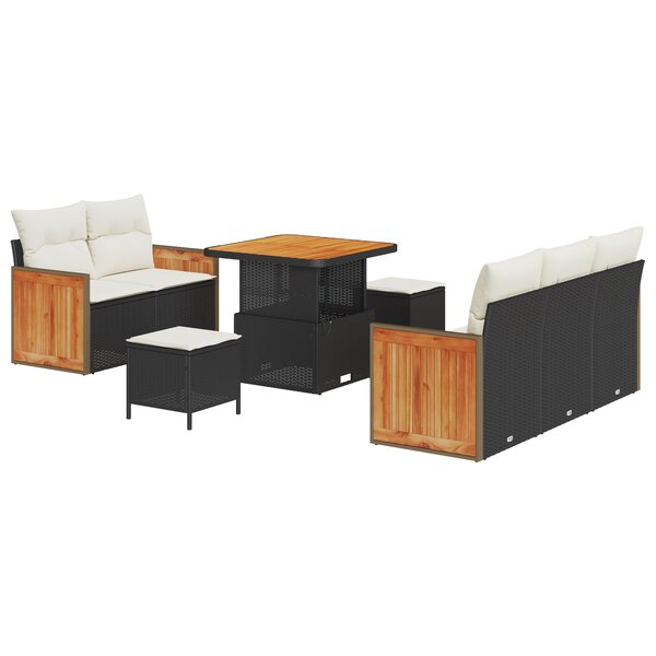 Ensemble de canapé jardin 8 pièces avec coussins noirs poly rotin acacia