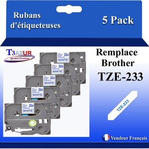5x Rubans d'étiqueteuses compatibles avec Brother Tze233 Tze-233 pour étiqueteuses P-touch - Texte bleu sur fond blanc - Largeur 12 mm x 8 mètres - T3AZUR