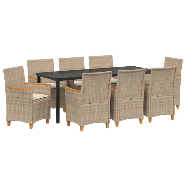 vidaXL Set de dining de jardin 9 pièces avec coussins Beige Poly Rattan