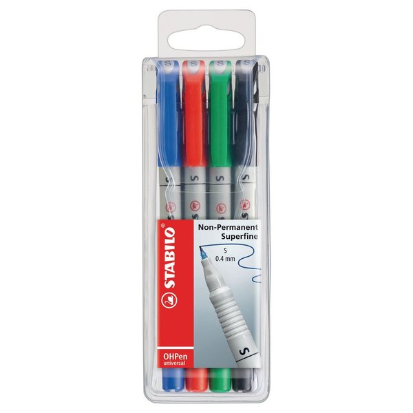 OHPen universal - Stylo-feutre polyvalent à encre soluble effaçable, pointe extra-fine 0,4 mm - Pochette de 4 couleurs assorties (paquet 4 unités)