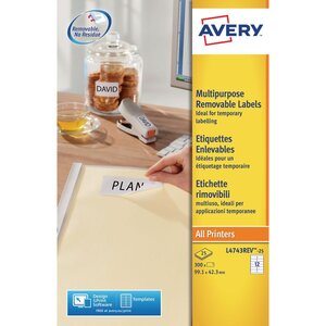 Étiquettes amovibles multi-usage pour imprimantes, 99,1 x 42,3 mm, 25 feuilles, 12 étiquettes par feuille, auto-adhésives, blanc (paquet 300 unités)