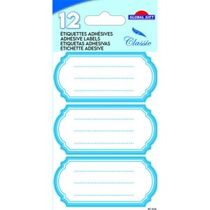 12 étiquettes adhésives scolaires - Ovale Vintage - Bleu