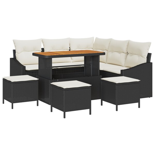 Ensemble de 9 pièces de canapés de jardin avec coussins Noir Rotin Poly Acacia