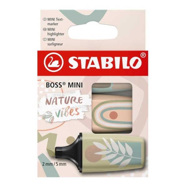 Pack de 3 marqueurs fluorescents Stabilo Boss Mini Naturevibes - Trait entre 2 et 5 mm - Encre à l'eau - Anti-dessèchement - Couleurs vert boue  vert terre et beige