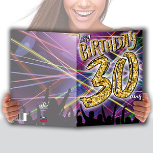 MAXI Grande Carte Géante XXL pour ANNIVERSAIRE 30 ANS Mixte H/F + Enveloppe format 32x23cm - Chiffres Nombre Doré Fêter Musique Ambiance Disco Électro Faisceaux Lumineux - Fabriqué en France MX-5030