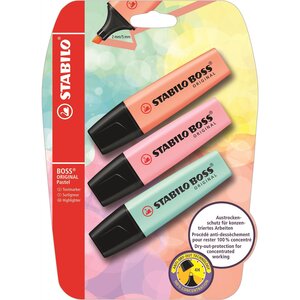 Blister x 3 surligneurs BOSS ORIGINAL Pastel pêche + rose + turquoise STABILO