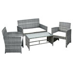 Outsunny Ensemble salon de jardin 4 places : canapé  2 fauteuils et table basse plateau verre trempé résine tressée imitation rotin gris coussins crème