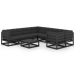 vidaXL Salon de jardin 9 Pièces avec coussins noir bois de pin massif