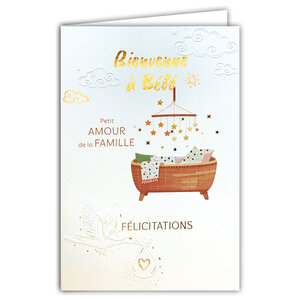 69-3141 Carte Félicitations Naissance Bienvenue Bébé Petit Amour de la Famille Cigogne Peinture Aquarelle -Finitions Dorure Or Doré + Gaufrage en Relief +1 Enveloppe Format 12x17cm -Fabriqué en Europe