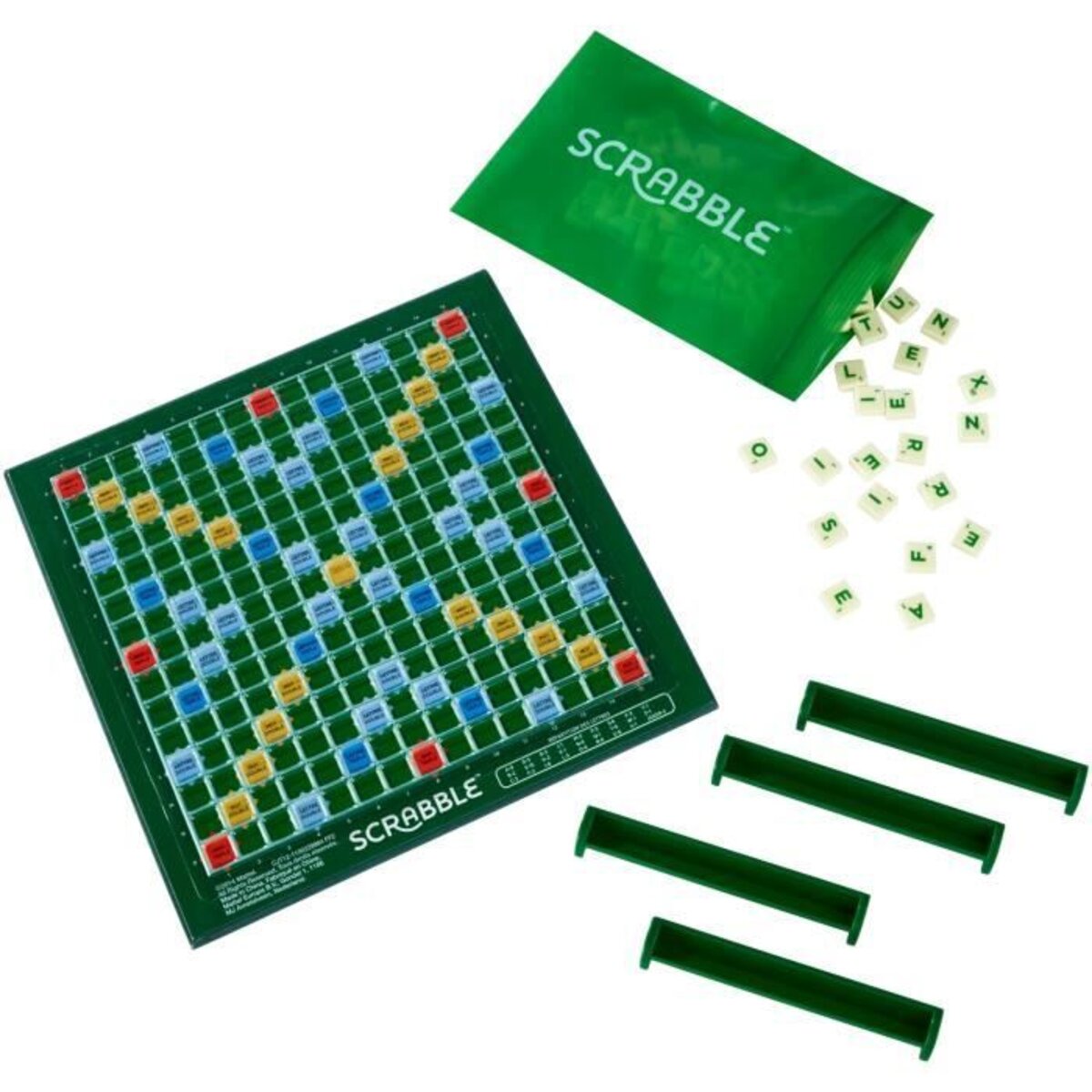 Mattel Games Jeu de voyage Scrabble, portable et compact, 2 à 4 joueurs,  comprend une planche de jeu, 4 supports, 100 carreaux de lettres, un sac de  tuile, et des règles, 10