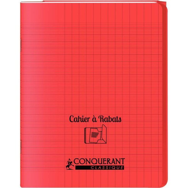 Cahier 96 pages seyès 90 g avec couverture polypropylène rouge 3 rabats  format 17 x 22 cm CONQUERANT