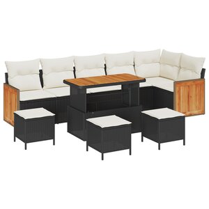 Ensemble de canapé de jardin 10 pièces avec coussins Noir Poly Rotin Acacia