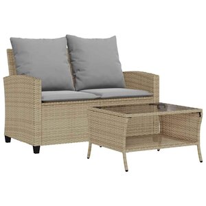 vidaXL Canapé de jardin 2places coussins et table beige résine tressée