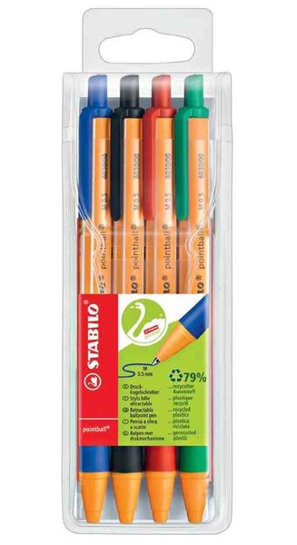 Pochette de 4 Stylo Bille Rétractable POINTBALL Tracé 0,5 mm, multicolore STABILO