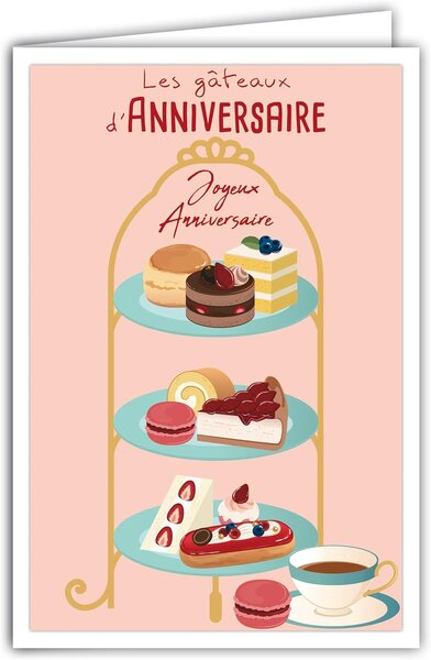 Carte Joyeux Anniversaire avec Enveloppe - Fille Femme - Mini Posters Format 17x11 5cm - Présentoir Gâteaux Pâtisseries Fruits Salon de Thé Café Rétro Vintage - Fabriquée en France