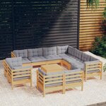 vidaXL Salon de jardin 12 Pièces avec coussins gris Bois de pin solide