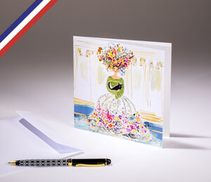 Carte double in the garden créée et imprimée en france sur papier certifié pefc - femme au chat