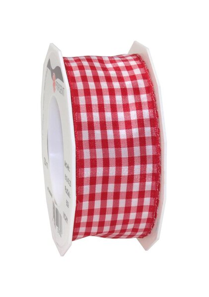 Ruban textile carreau de vichy 20-m-rouleau 40 mm mit draht  rouge/blanc