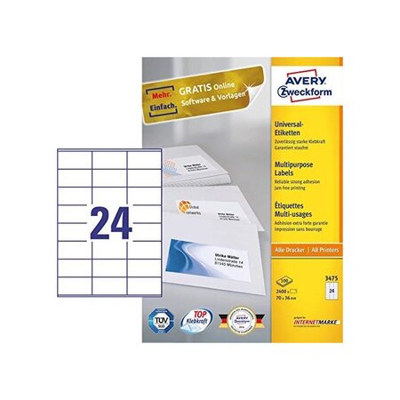 Boite de 2400 etiquettes universelles, 70 x 36 mm, blanc, sur 100f a4 avery zweckform