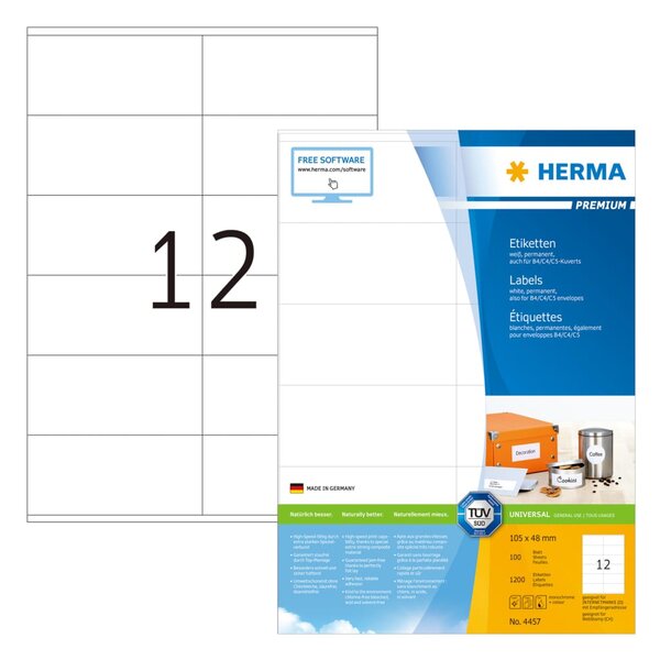 HERMA Étiquettes permanentes PREMIUM A4 105x48 mm 100 Feuilles