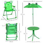 Ensemble salon de jardin enfant 4 Pièces design grenouille - table ronde + 2 chaises pliables + parasol - métal époxy oxford vert