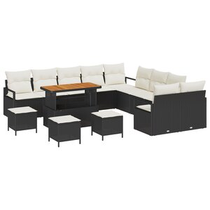 Canapé de jardin 14 pièces avec coussins noir poly rotin acacia