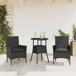 vidaXL Ensemble à manger de jardin et coussins 3 Pièces noir rotin verre