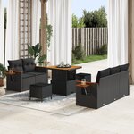 Ensemble de canapé de jardin de 8 pièces avec coussins noir poly rotin acacia