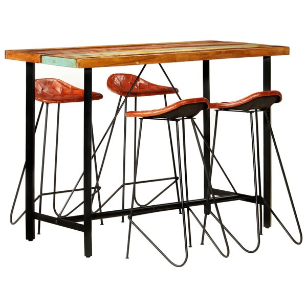 vidaXL Ensemble de bar 5 Pièces Bois de récupération et cuir véritable