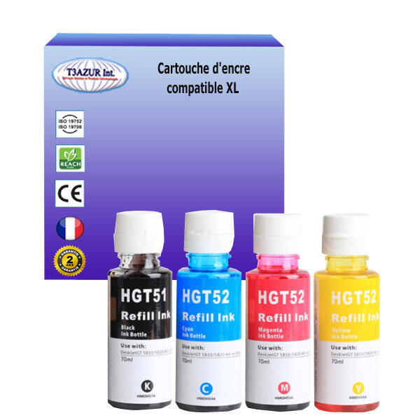 4  Bouteilles d'encre compatibles avec HP Smart Tank 500, 508, 510, 511, 513 remplace HP GT51 / GT52 (Noire+Couleur) - T3AZUR