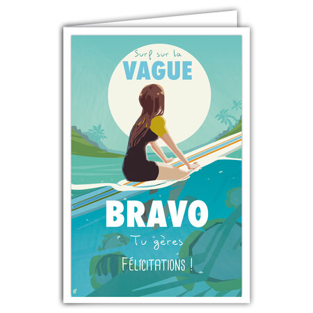 Carte Félicitations Bravo Tu gères avec Enveloppe  Mini Posters Format 17x11 5cm  Surfeuse Vague Succès Réussite Permis Examen Concours Compétition Mer Océan Rétro Vintage Bleu