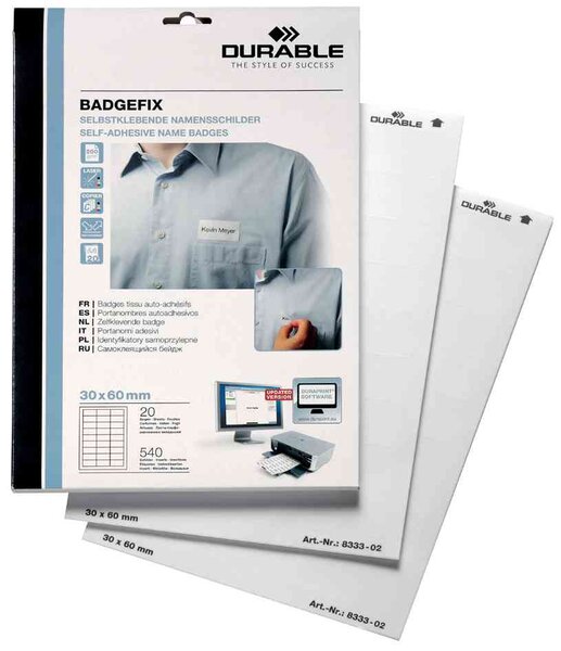 Bte 240 Badges BADGEFIX Imprimables Soie Autocollant 40 x 75 mm 200g Blanc DURABLE