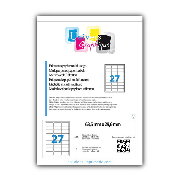 Lot de 5 planches a4 de 27 étiquettes à bords ronds 63 5 x 29 6 mm en papier blanc 70g/m² multifonction