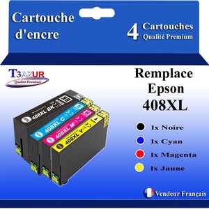 T3AZUR - 4x Cartouches compatibles avec Epson WorkForce Pro WF-C4810DTWF 408 408L 408XL