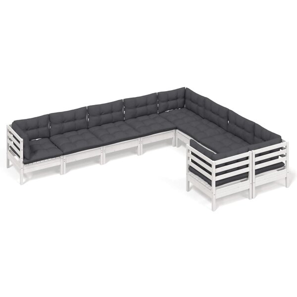 vidaXL Salon de jardin 9 Pièces avec coussins blanc bois de pin