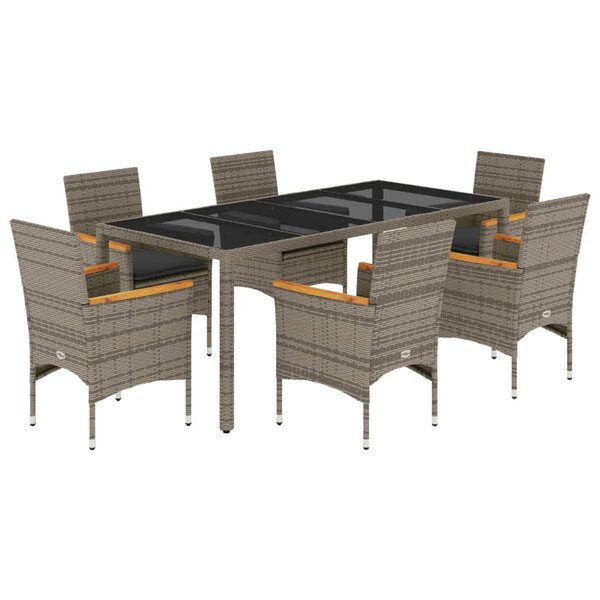 vidaXL Ensemble à manger de jardin et coussins 7 Pièces gris rotin verre