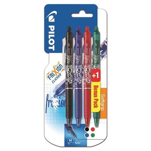 PILOT - Rollers effacables - Frixion Ball Clicker X3 +1 - Pointe Moyenne - Encre : noire, bleue, rouge, vert