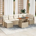 Ensemble canapé jardin 8 pièces avec coussins beige en poly rattan acacia