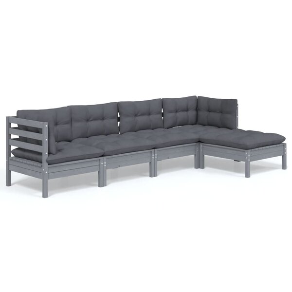 vidaXL Salon de jardin 5 Pièces avec coussins Gris Bois de pin