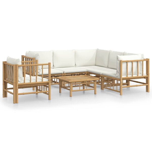vidaXL Salon de jardin 7 Pièces avec coussins blanc crème bambou