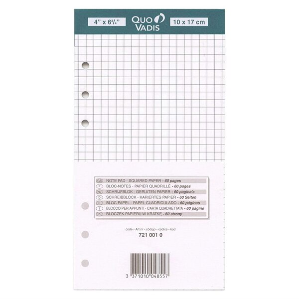 Recharge Organiseur BLOC-NOTES Timer 17 Blanc Quadrillé 10 x 17 cm QUOVADIS