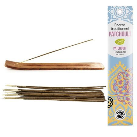 Porte-encens en bois + Encens indien au Patchouli