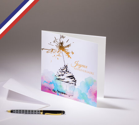 Carte double florilège créée et imprimée en france - joyeux anniversaire et cupcake étincelant