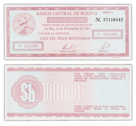 Billet de collection 100000 pesos bolivianos 1984 bolivie - neuf - p188
