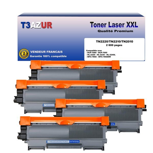4 Toners  compatibles avec  Brother TN2220  TN2010 pour Brother HL2130  HL2132  HL2135  HL2135W  HL2240  HL2240D  HL2250DN - 2600 pages - T3AZUR